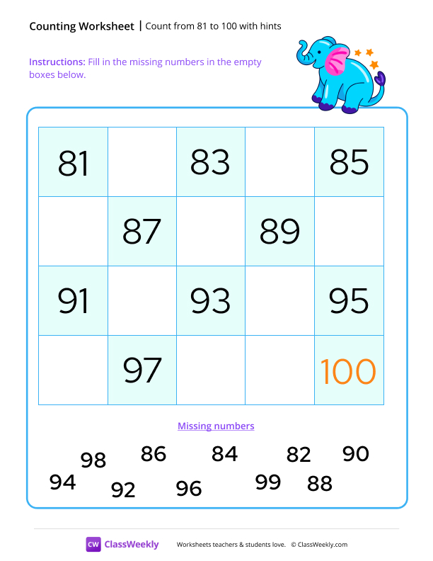 Count from 81 to 100 with hints worksheet preview