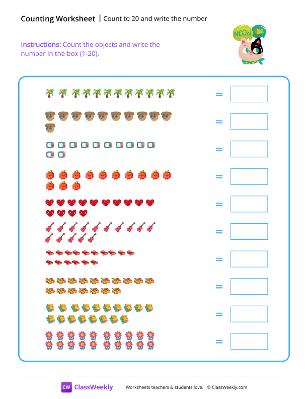 Counting Objects (1-20) - Cat Meow worksheet preview