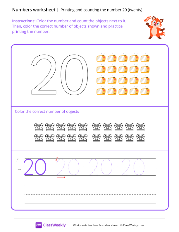 Count and Print (20) - Hello Fox worksheet preview