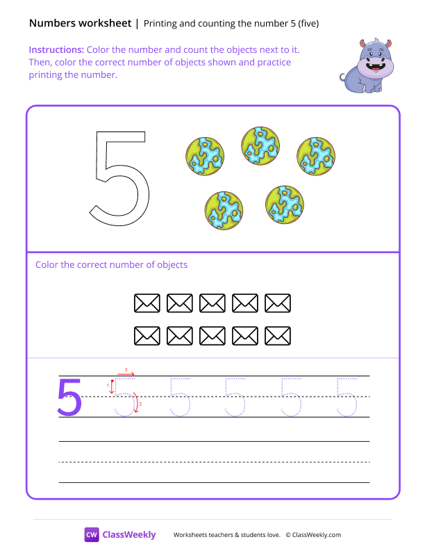 Count and Print (5) - Happy Hippo worksheet preview