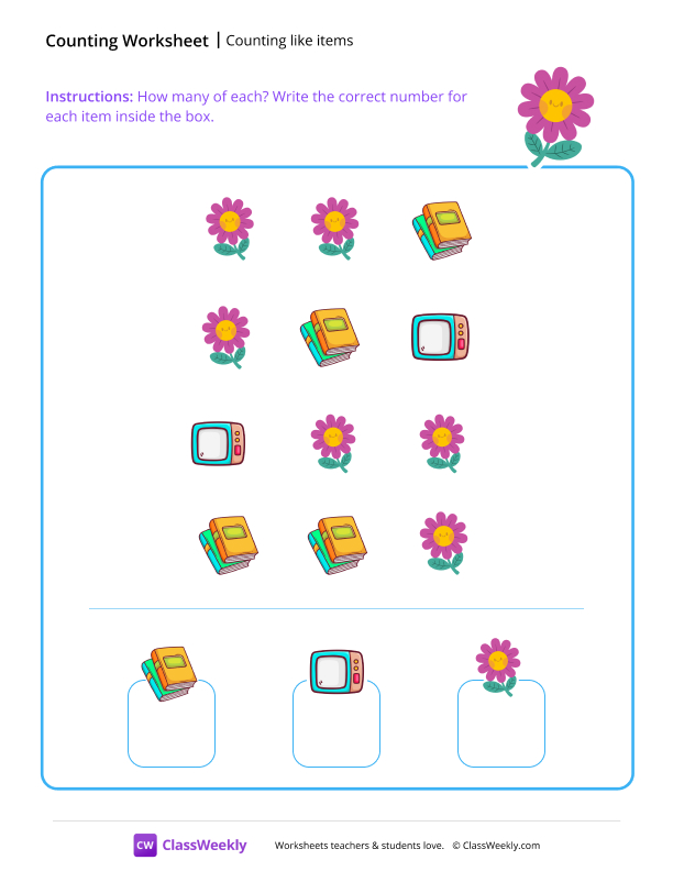 Counting like items - Flower worksheet preview