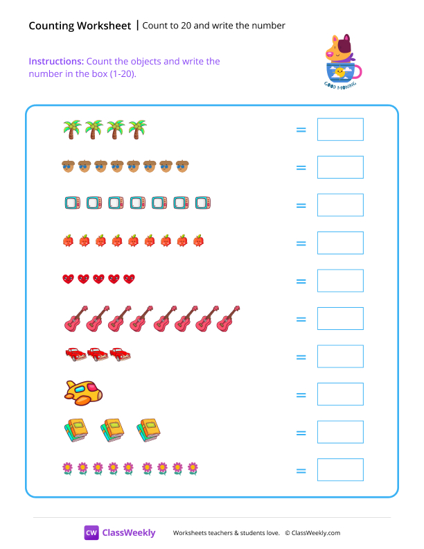 Counting Objects (1-20) - Pup Cup worksheet preview