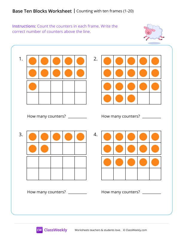 Counting with ten frames (1-20) worksheet preview