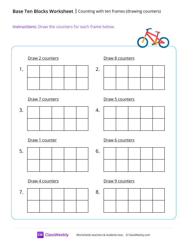 Counting with ten frames (drawing counters) - Bike worksheet preview
