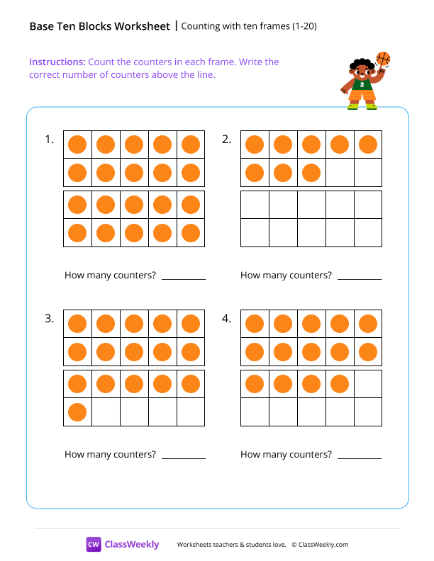 Counting with ten frames (1-20) worksheet preview