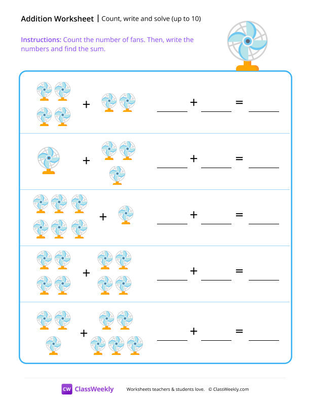 Count, write and solve (up to 10) - Fan worksheet preview