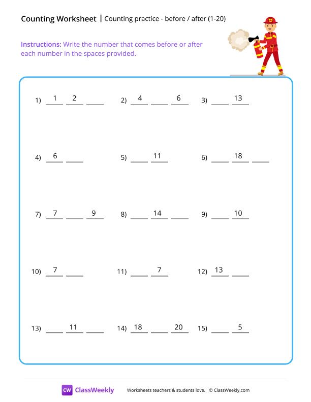 What comes before or after (1-20) worksheet preview