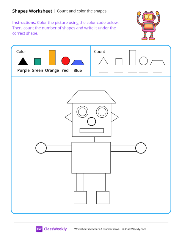 Count and color the shapes - Robot worksheet preview
