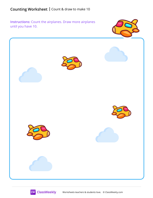 Count & draw to make 10 - Plane worksheet preview