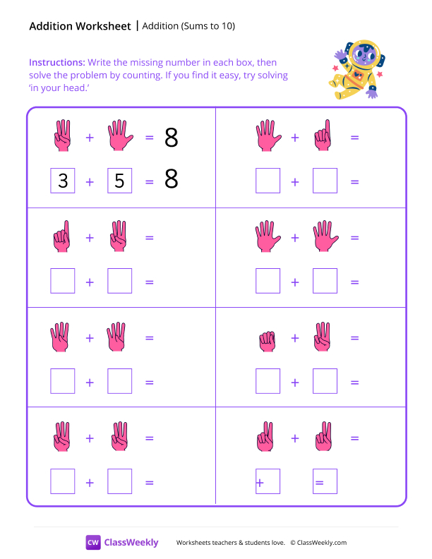 Counting fingers (sums to 10) - Yellow Astronaut worksheet preview