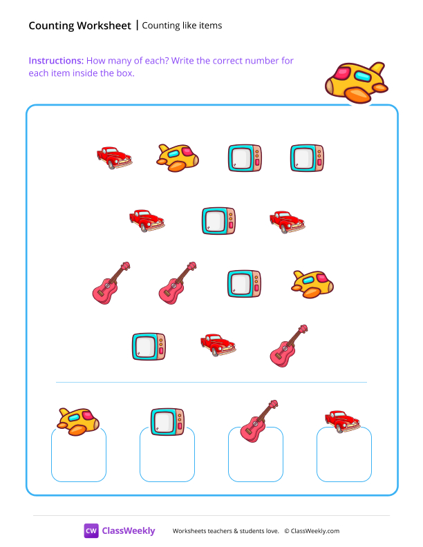 Counting like items - airplane worksheet preview