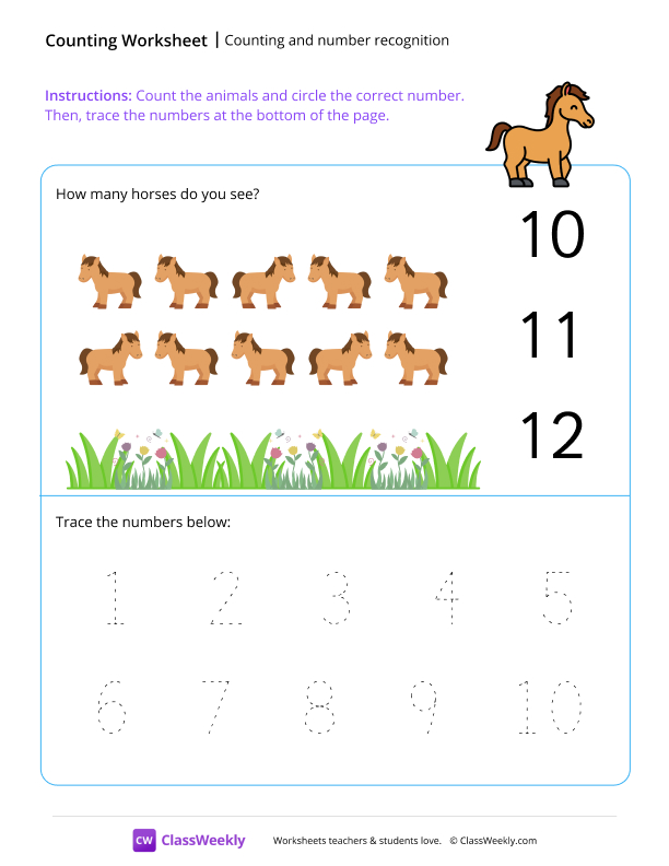 Counting and number recognition (10) - Horse worksheet preview
