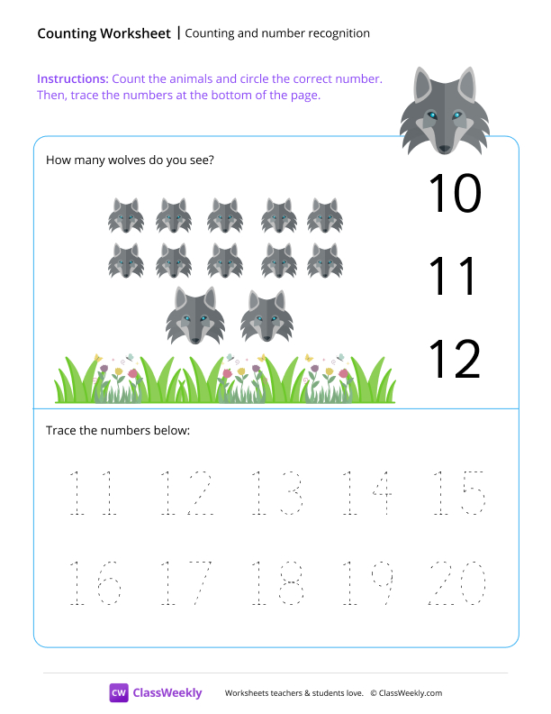 Counting and number recognition (12) - Wolf worksheet preview