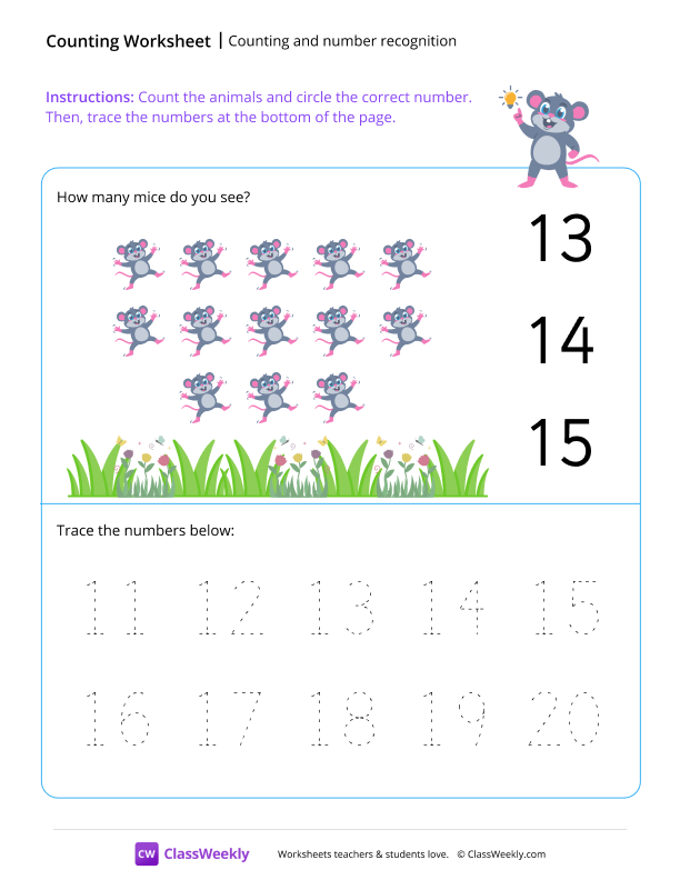 Counting and number recognition (13) - Mouse worksheet preview