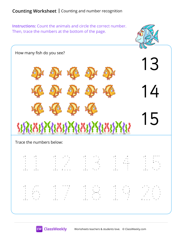 Counting and number recognition (14) - Fish worksheet preview