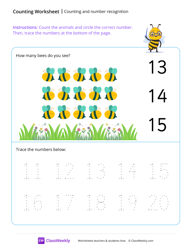 Counting and number recognition (15) - Bee worksheet preview
