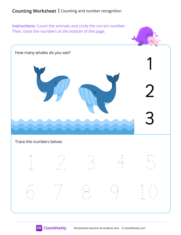 Counting and number recognition (2) - Whales worksheet preview