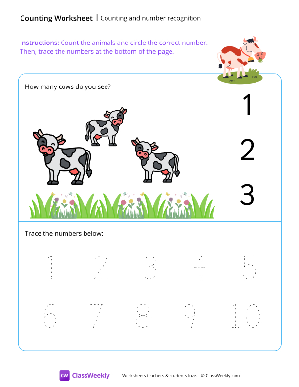Counting and number recognition (3) - Cow worksheet preview