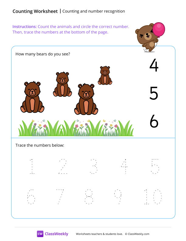 Counting and number recognition (4) - Teddy worksheet preview