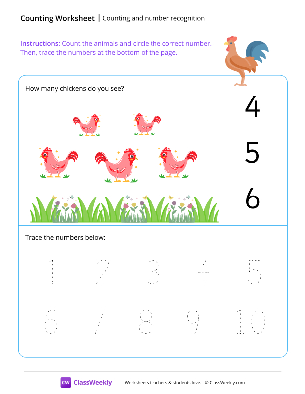 Counting and number recognition (5) - Rooster worksheet preview