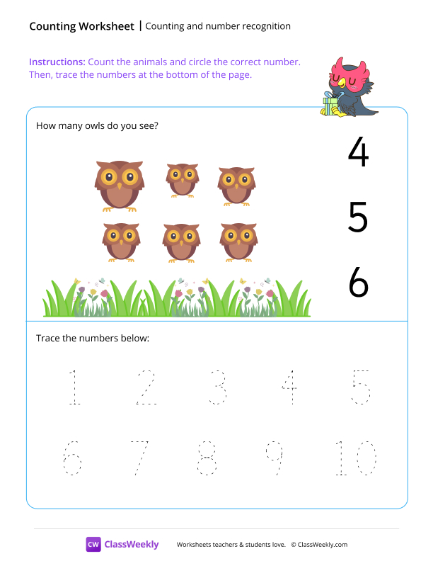 Counting and number recognition (6) - Owl worksheet preview