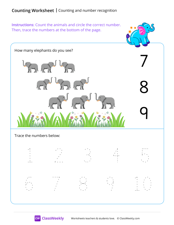 Counting and number recognition (9) - Elephant worksheet preview