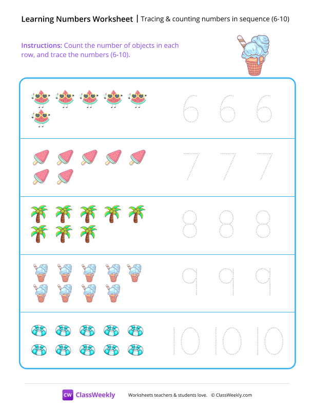 Tracing & counting numbers in sequence (6-10) worksheet preview