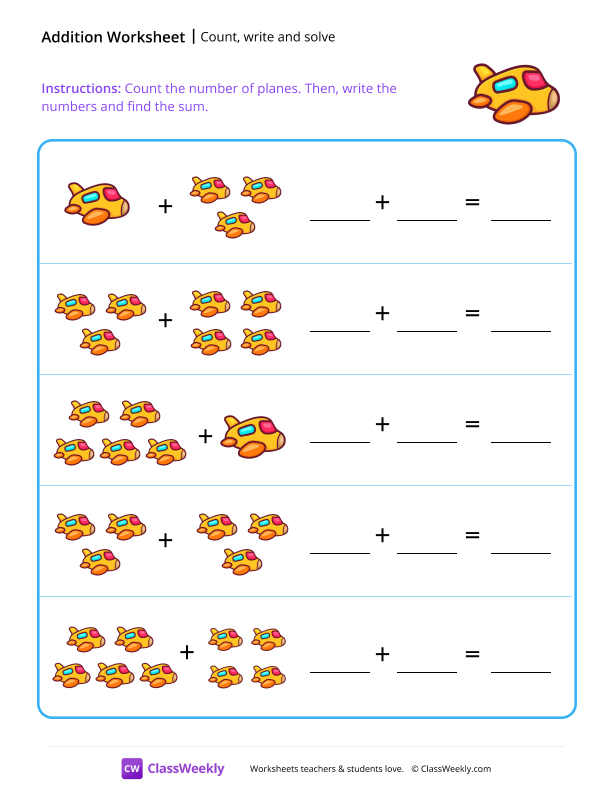 Count, write and solve (up to 10) worksheet preview