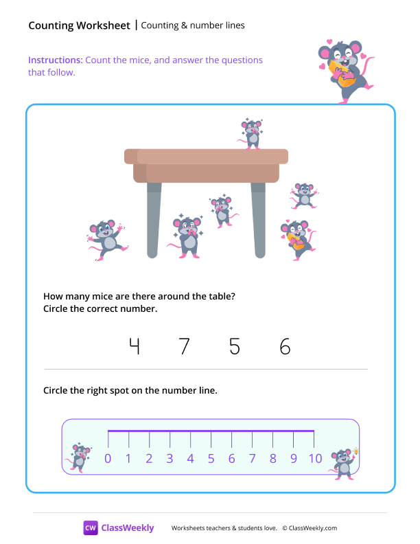 Counting and using number lines - Mice worksheet preview