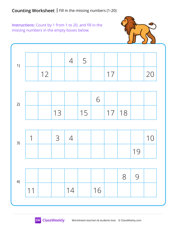Fill in the missing numbers (1-20) worksheet preview