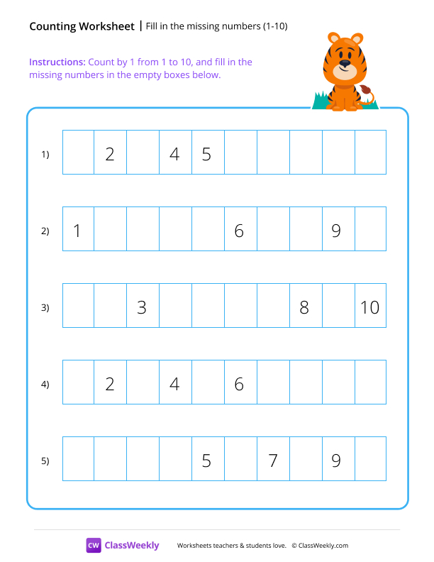 Fill in the missing numbers (1-10) - Tiger worksheet preview