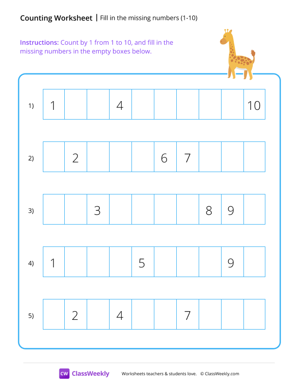 Fill in the missing numbers (1-10) worksheet preview