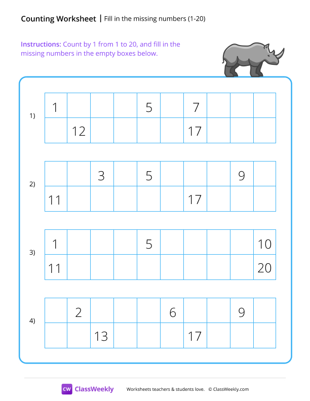 Fill in the missing numbers (1-20) - Rhino worksheet preview