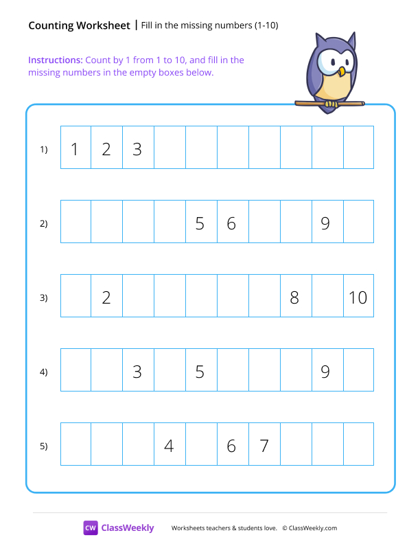 Fill in the missing numbers (1-10) - Owl worksheet preview