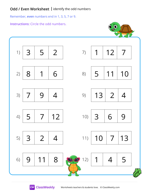 identify the odd numbers worksheet preview