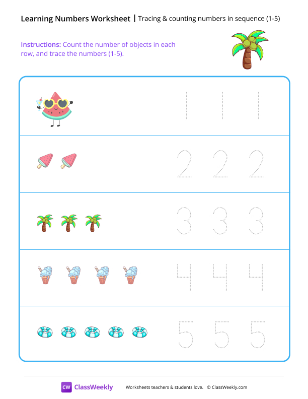 Tracing & counting numbers in sequence (1-5) worksheet preview