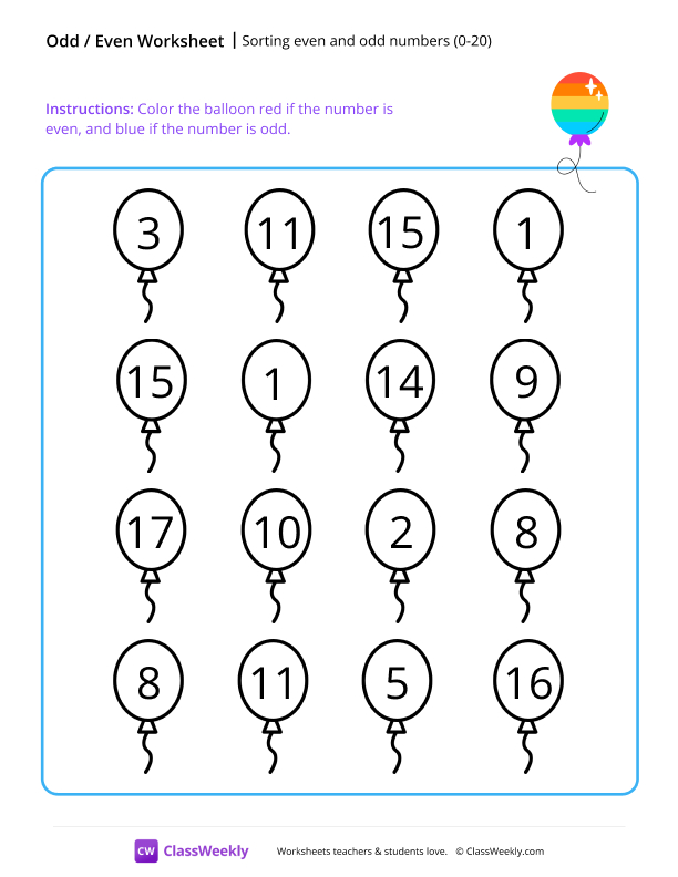 Sorting even and odd numbers (0-20) worksheet preview