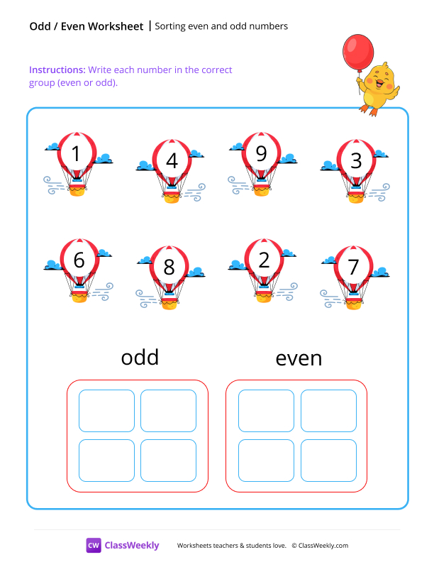 Sorting even and odd numbers (0-10) worksheet preview