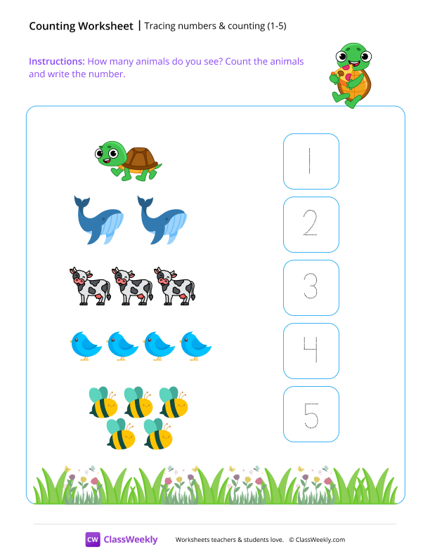 Tracing numbers & counting (1-5) worksheet preview