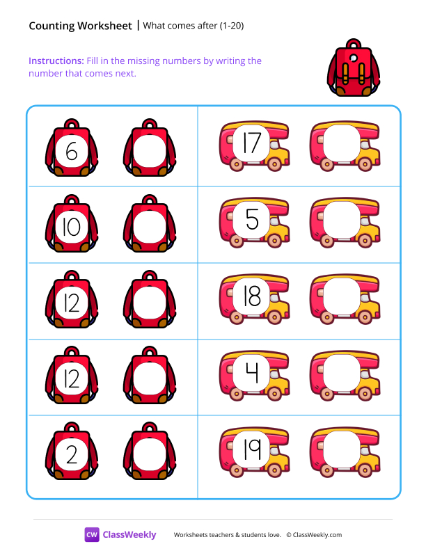 What comes after (1-20) - Bag worksheet preview
