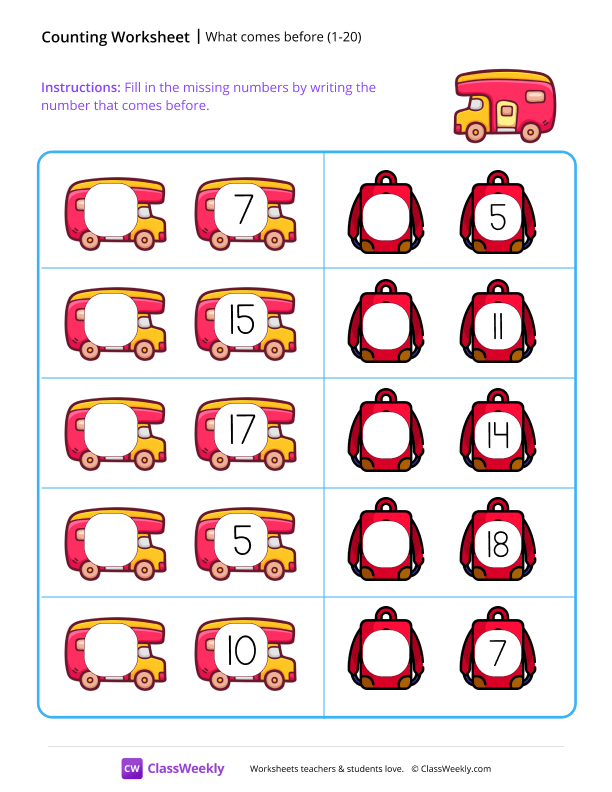 What comes before (1-20) - Van worksheet preview