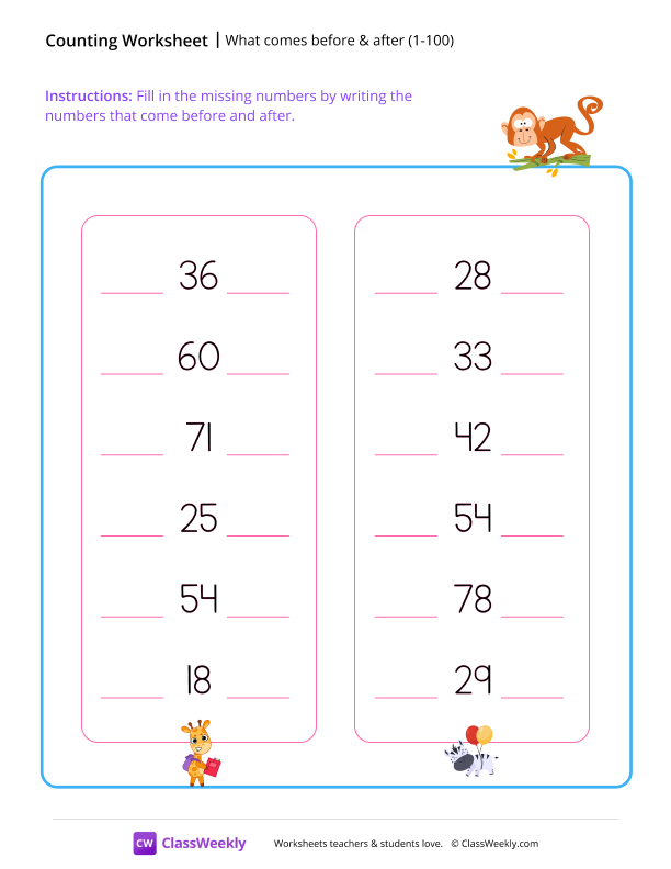 What comes before & after (1-100) worksheet preview