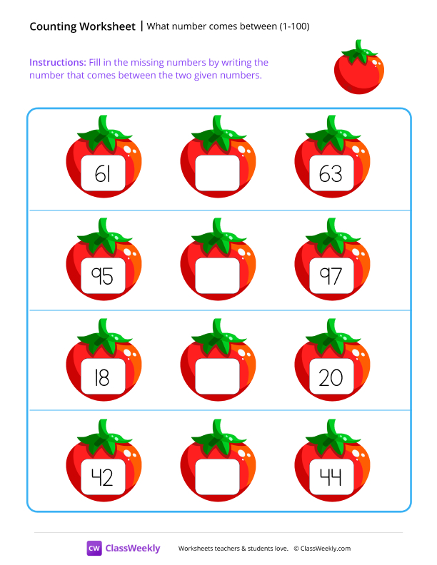 What number comes between (1-100) - Tomato worksheet preview