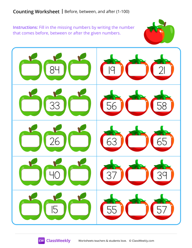 Before, between, and after (1-100) worksheet preview