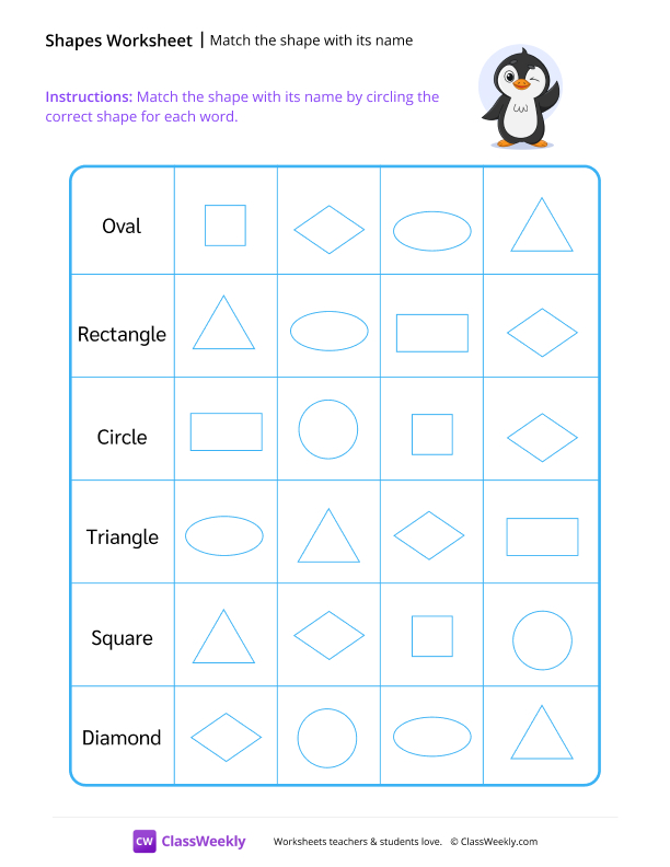 Match the shape with its name worksheet preview