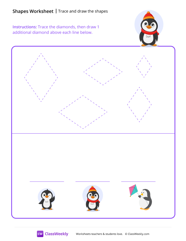 Trace and draw the shapes - Diamonds worksheet preview