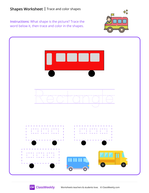 Trace and color shapes - Rectangle worksheet preview
