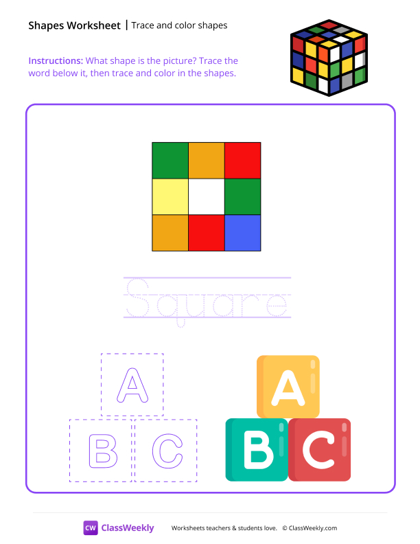 Trace and color shapes - Square worksheet preview