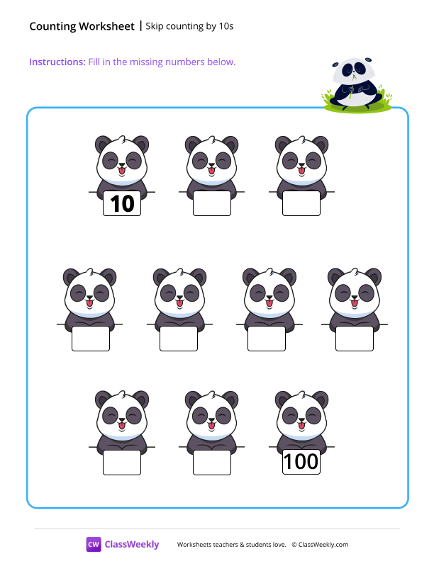 Skip counting by 10s - Panda worksheet preview