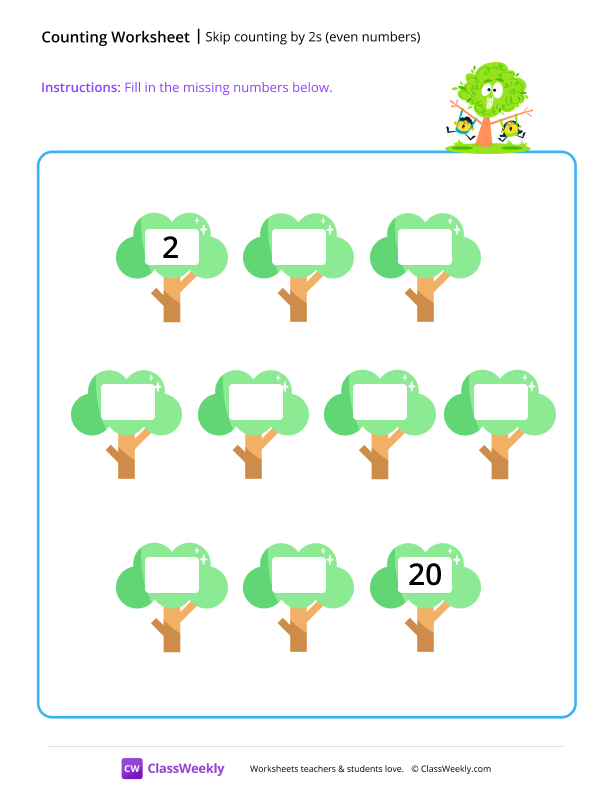 Skip counting by 2s (even numbers) - Tree worksheet preview